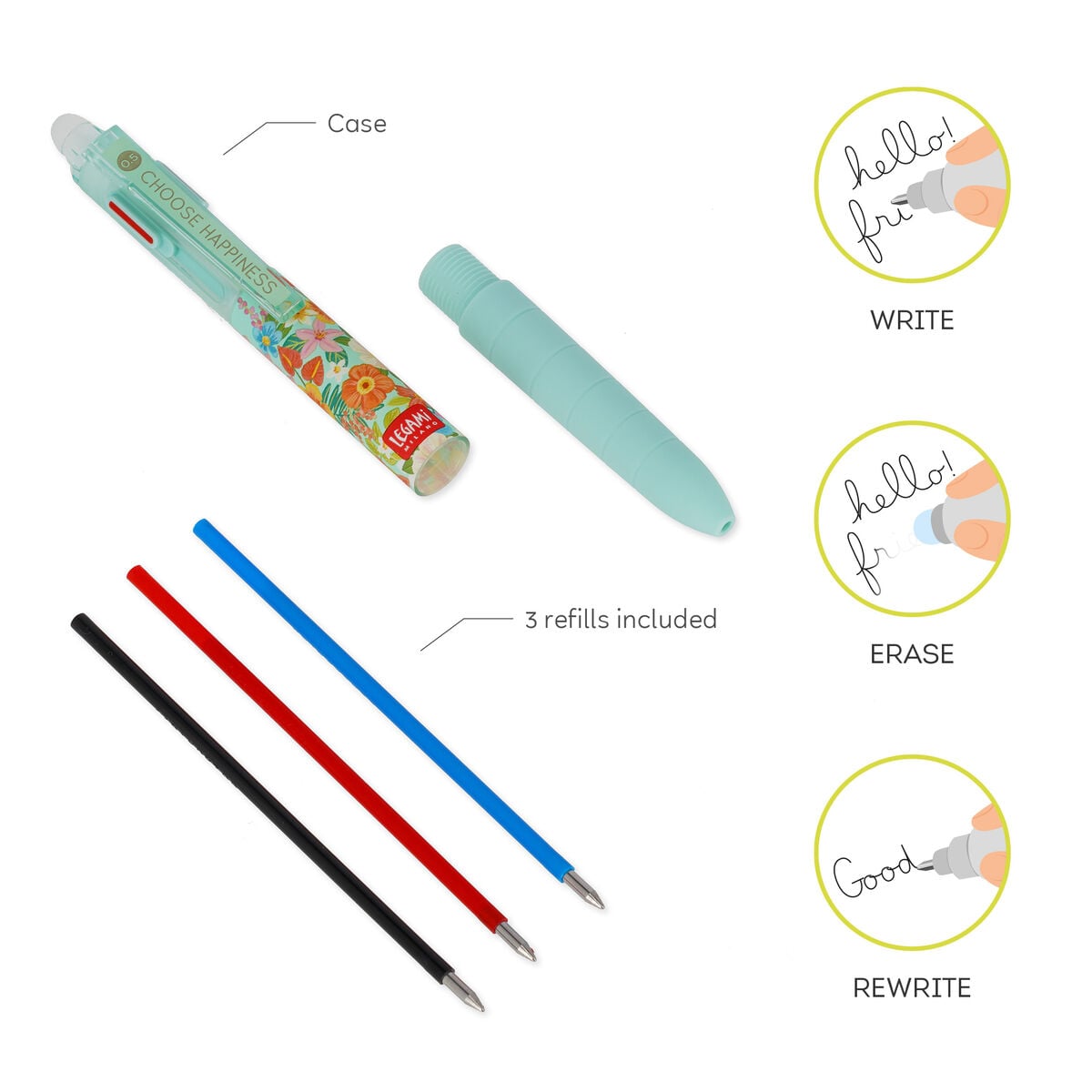 Legami - Bolígrafo de Gel Borrable de 3 Colores - Flores - Equivócate