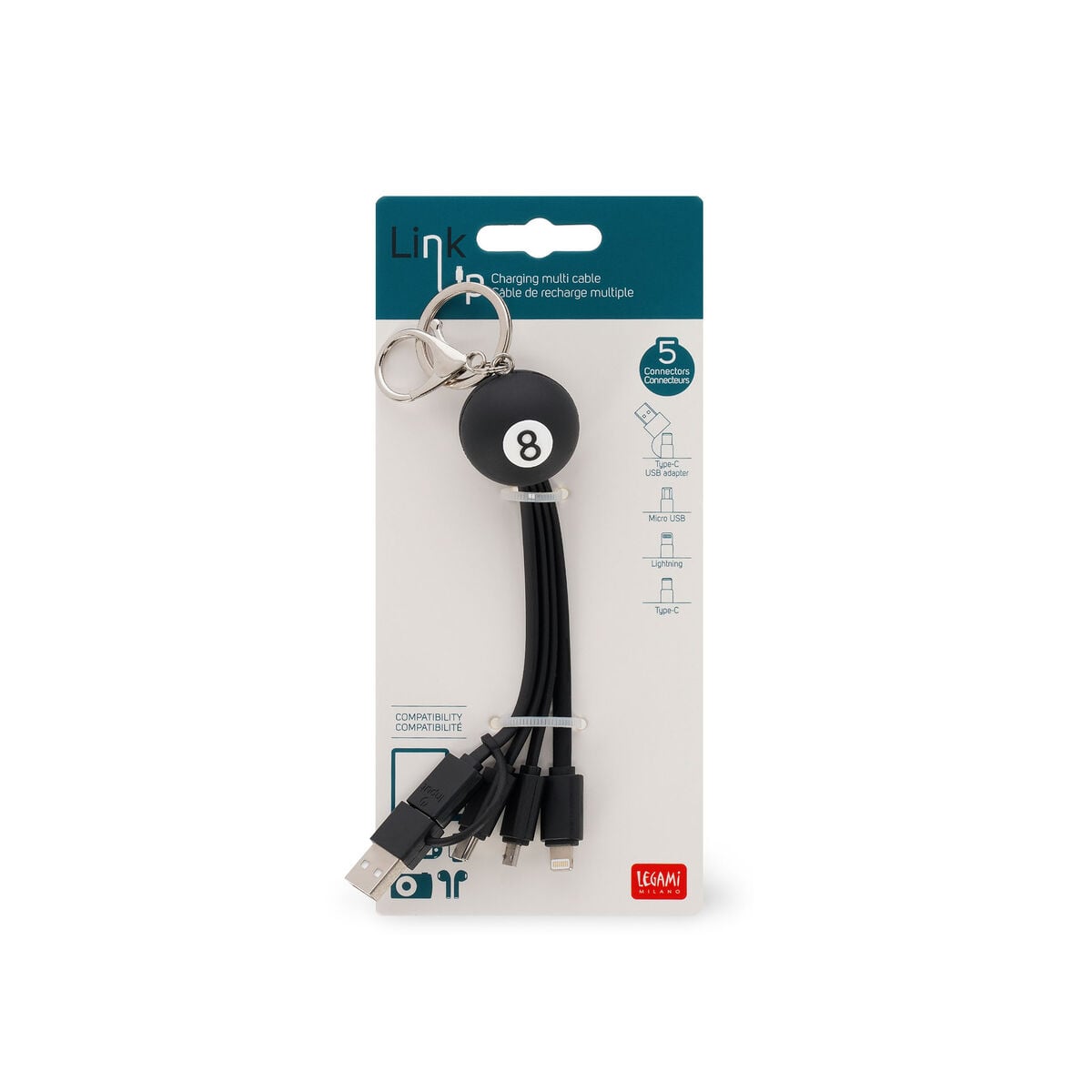 Legami - Llavero Cable de Carga 6 en 1 8 Ball - Link Up