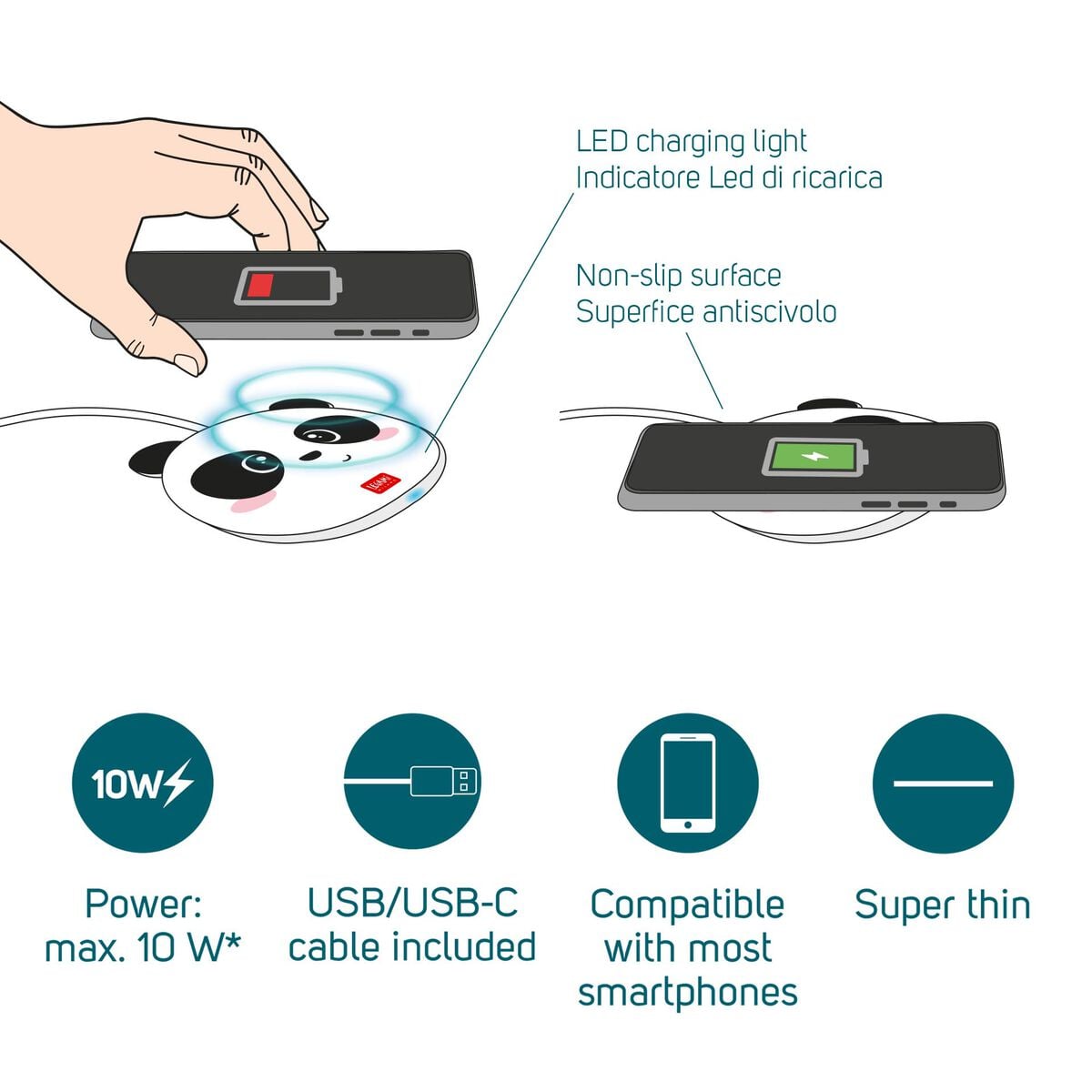 Legami - Cargador inalámbrico para smartphone con panda - Súper rápido