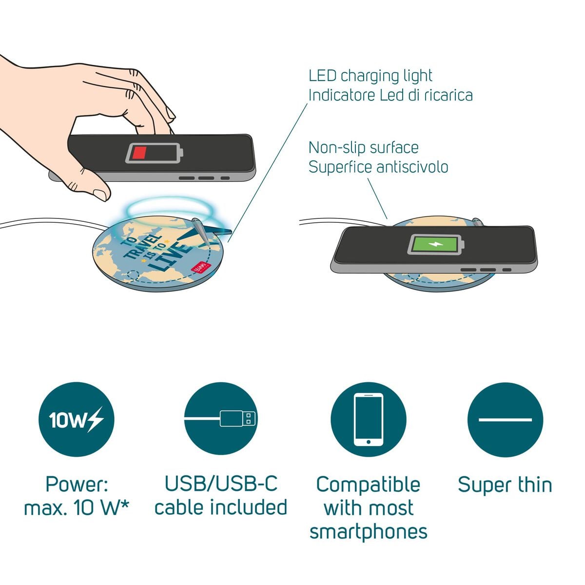 Legami - Cargador inalámbrico de viaje para smartphone - Súper rápido