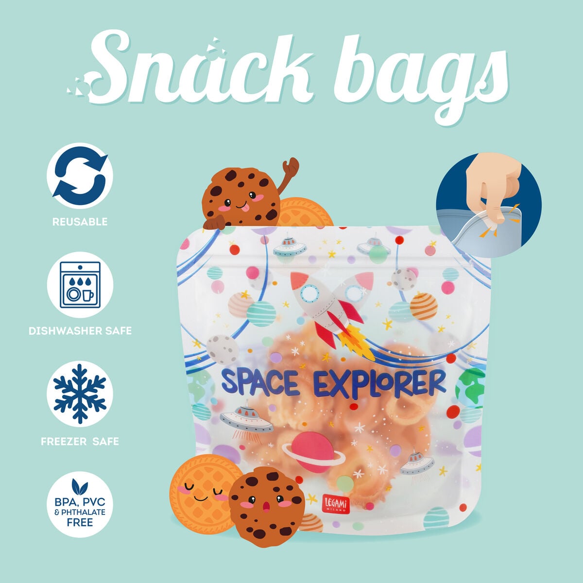 Legami - Set de 3 Bolsas Reutilizables para Snacks - Espacio - Snack Bags
