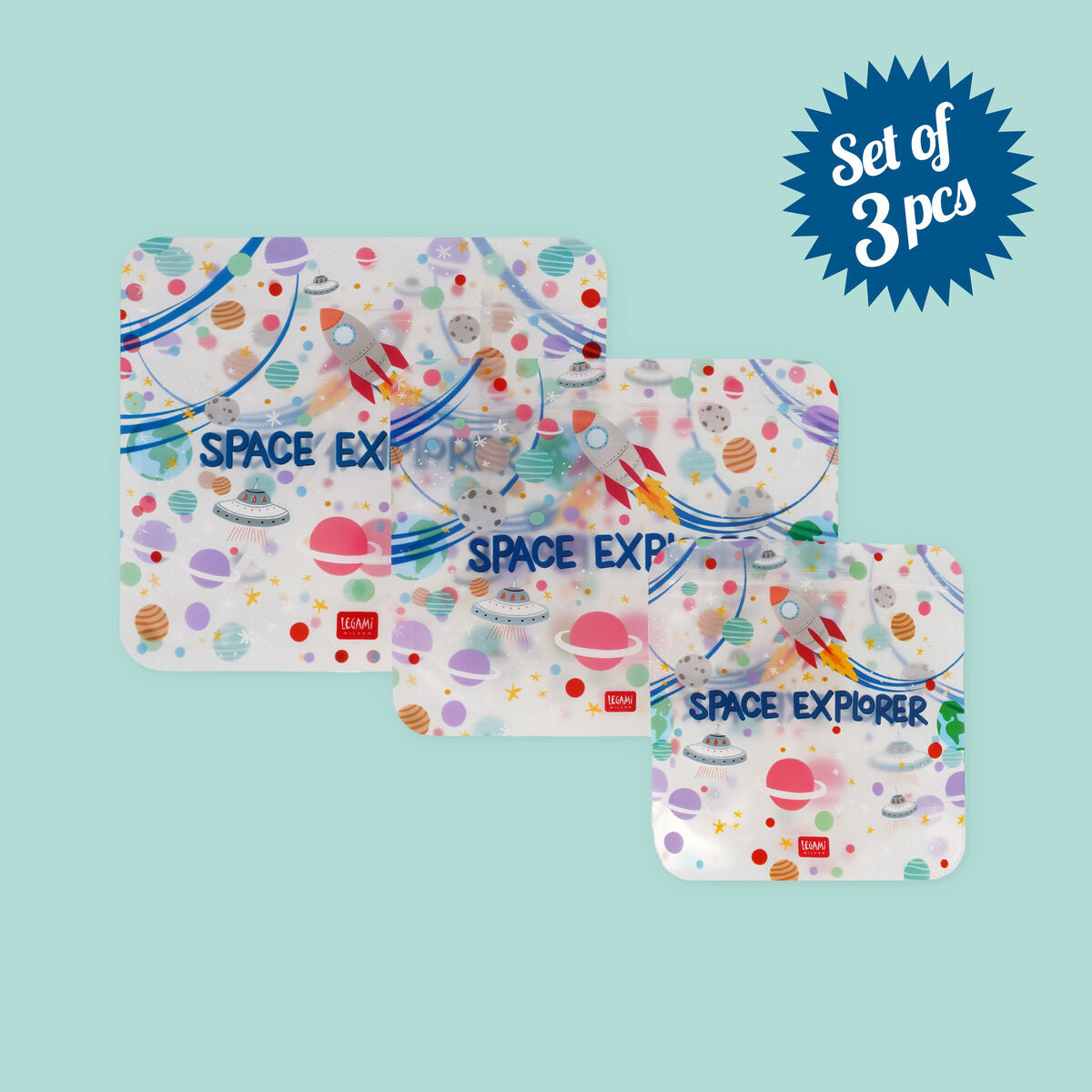 Legami - Set de 3 Bolsas Reutilizables para Snacks - Espacio - Snack Bags