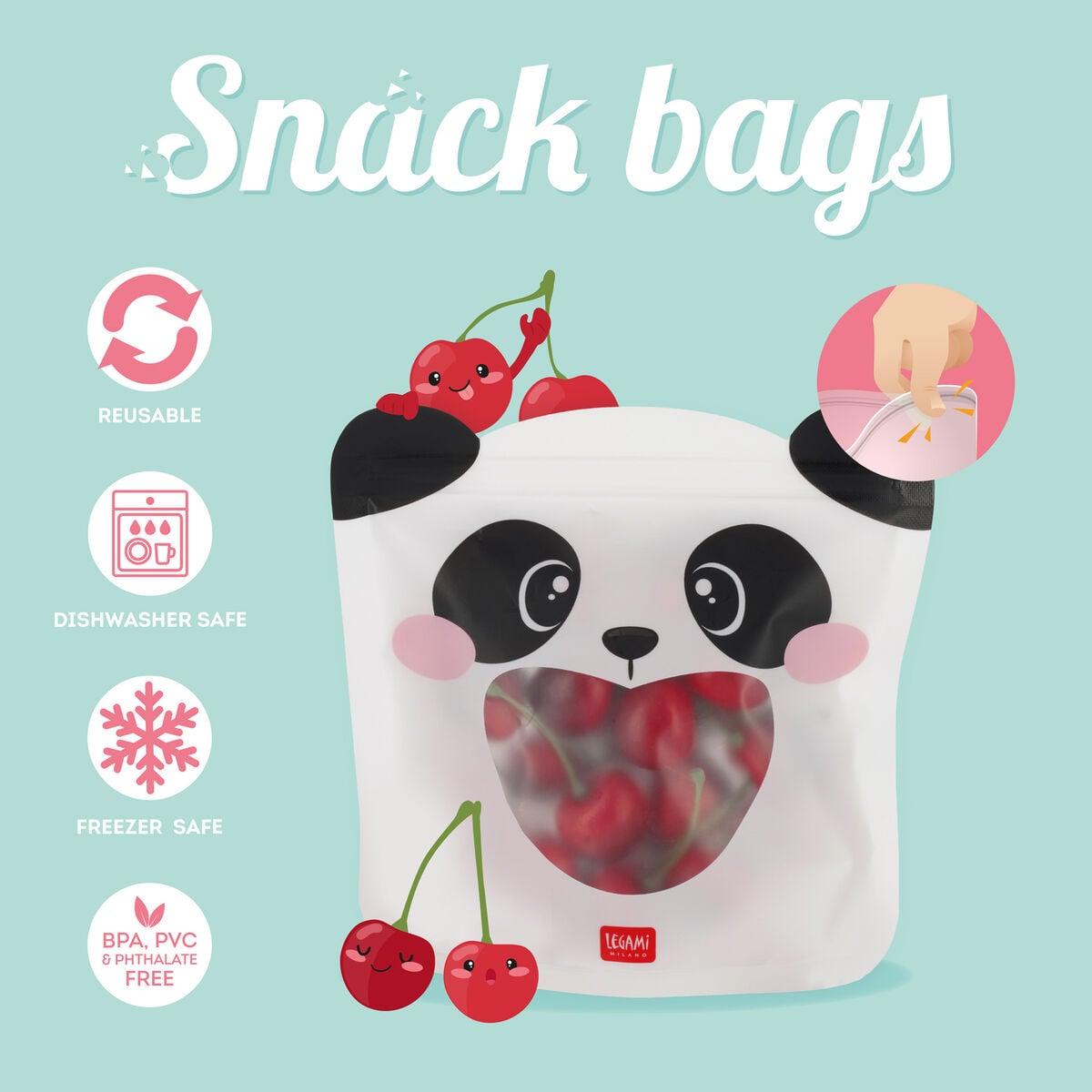 Legami - Set de 3 Bolsas Reutilizables para Snacks - Panda - Bolsas para Snacks