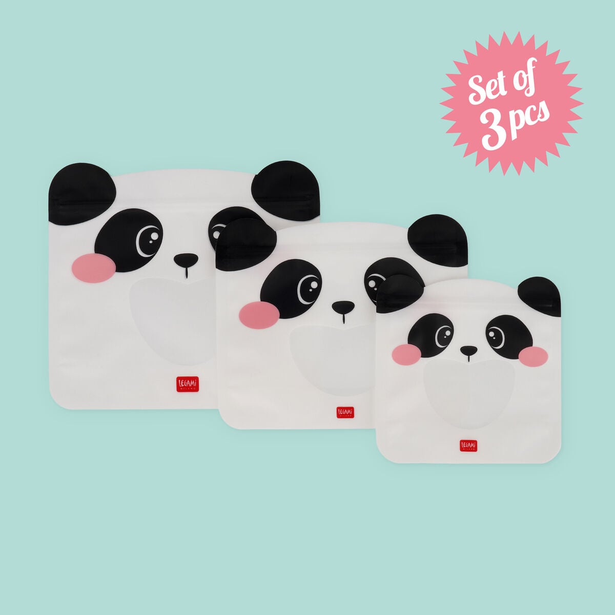 Legami - Set de 3 Bolsas Reutilizables para Snacks - Panda - Bolsas para Snacks