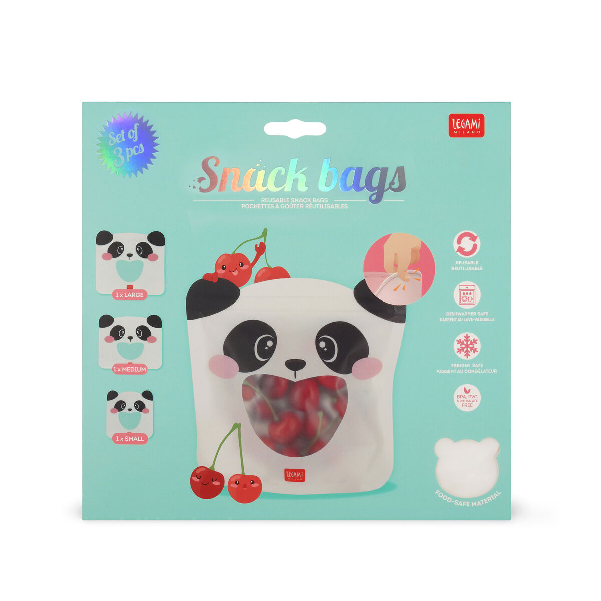 Legami - Set de 3 Bolsas Reutilizables para Snacks - Panda - Bolsas para Snacks