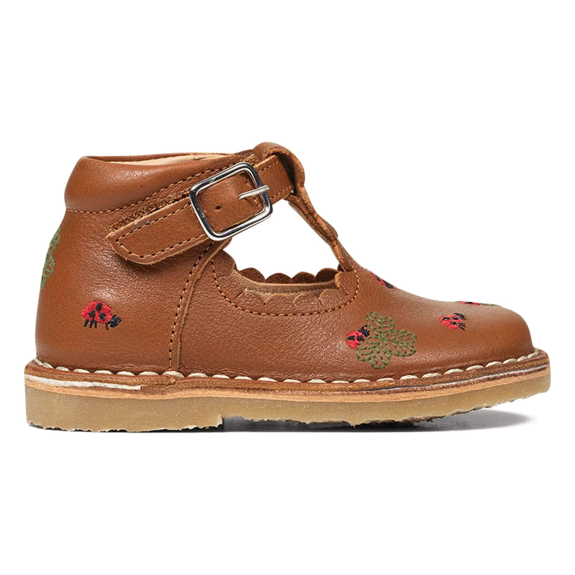 Petit Nord - Zapatos primeros pasos T-Bar con bordado de mariquita - Colección Uniqua | Camel
