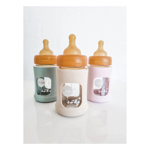 Hevea - Biberón de Cristal con Boca Ancha de Flujo Lento y Funda Protectora | Verde Almendra