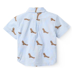 Copenhagen Colors - Camisa de seersucker de algodón orgánico a rayas con bordado de águila | Azul claro