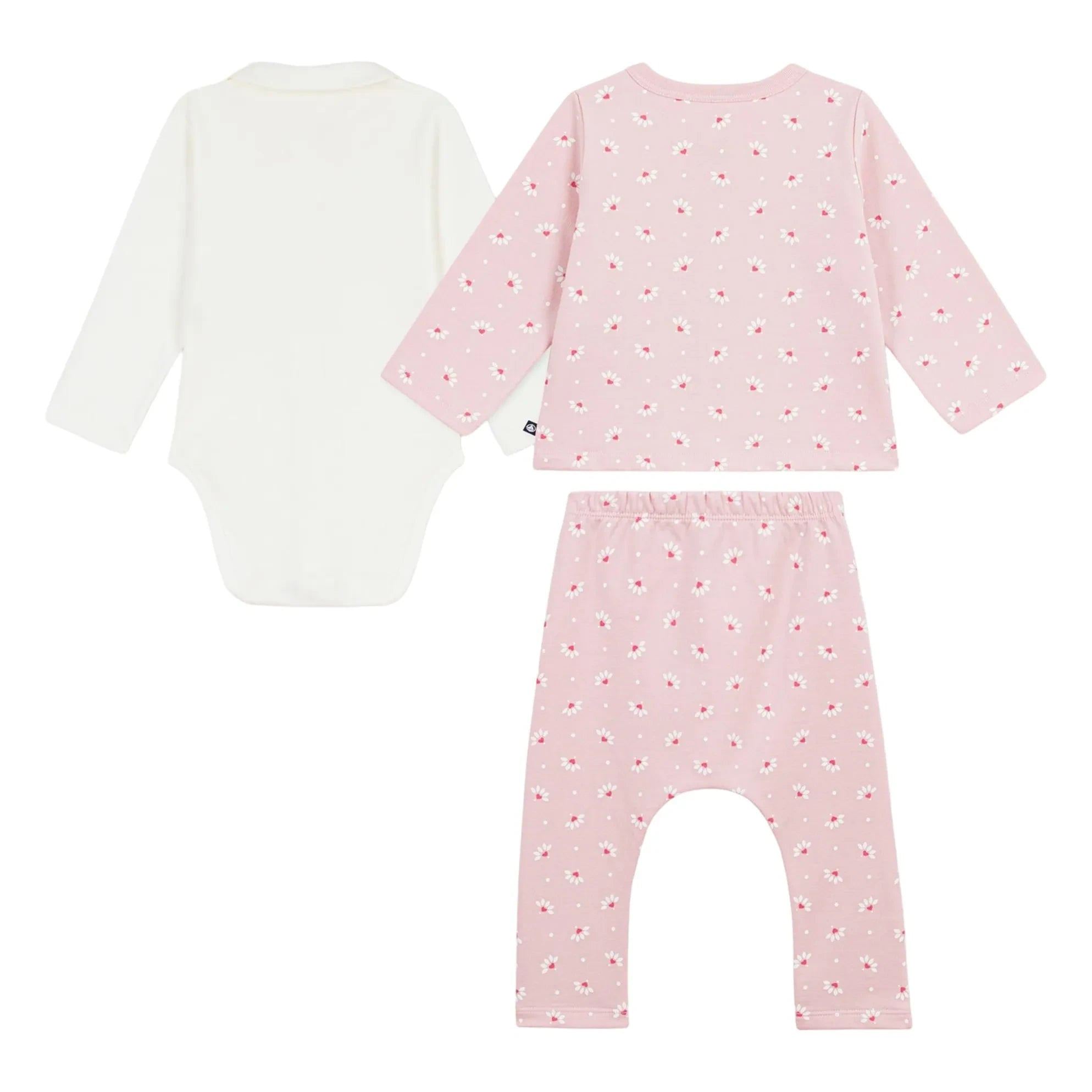 Petit Bateau - Conjunto de cárdigan, pantalón y body de algodón orgánico con estampado floral | Rosa