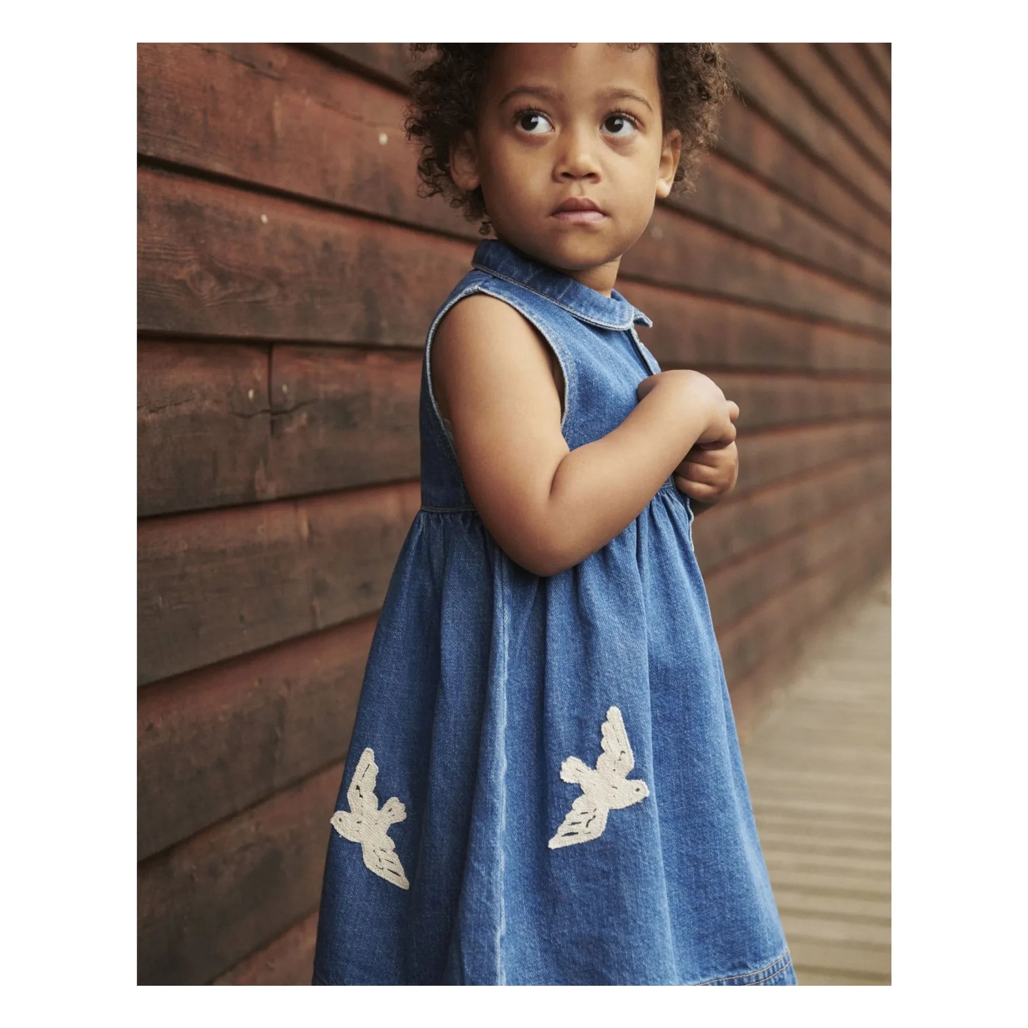 Copenhagen Colors - Vestido vaquero de algodón orgánico con estampado de pájaros azules