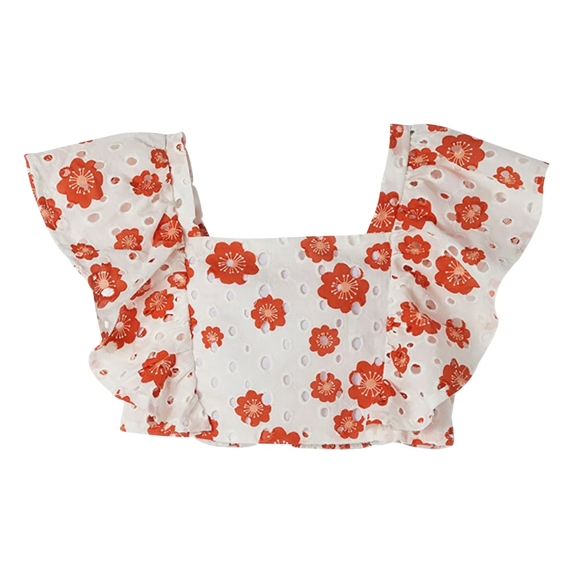 Fábula - Mangas con fruncido, bordado inglés floral | Blanco
