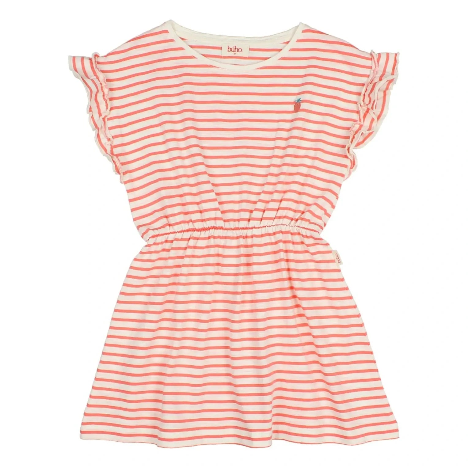 Búho - Vestido de punto a rayas de algodón orgánico con fresas | Rosa