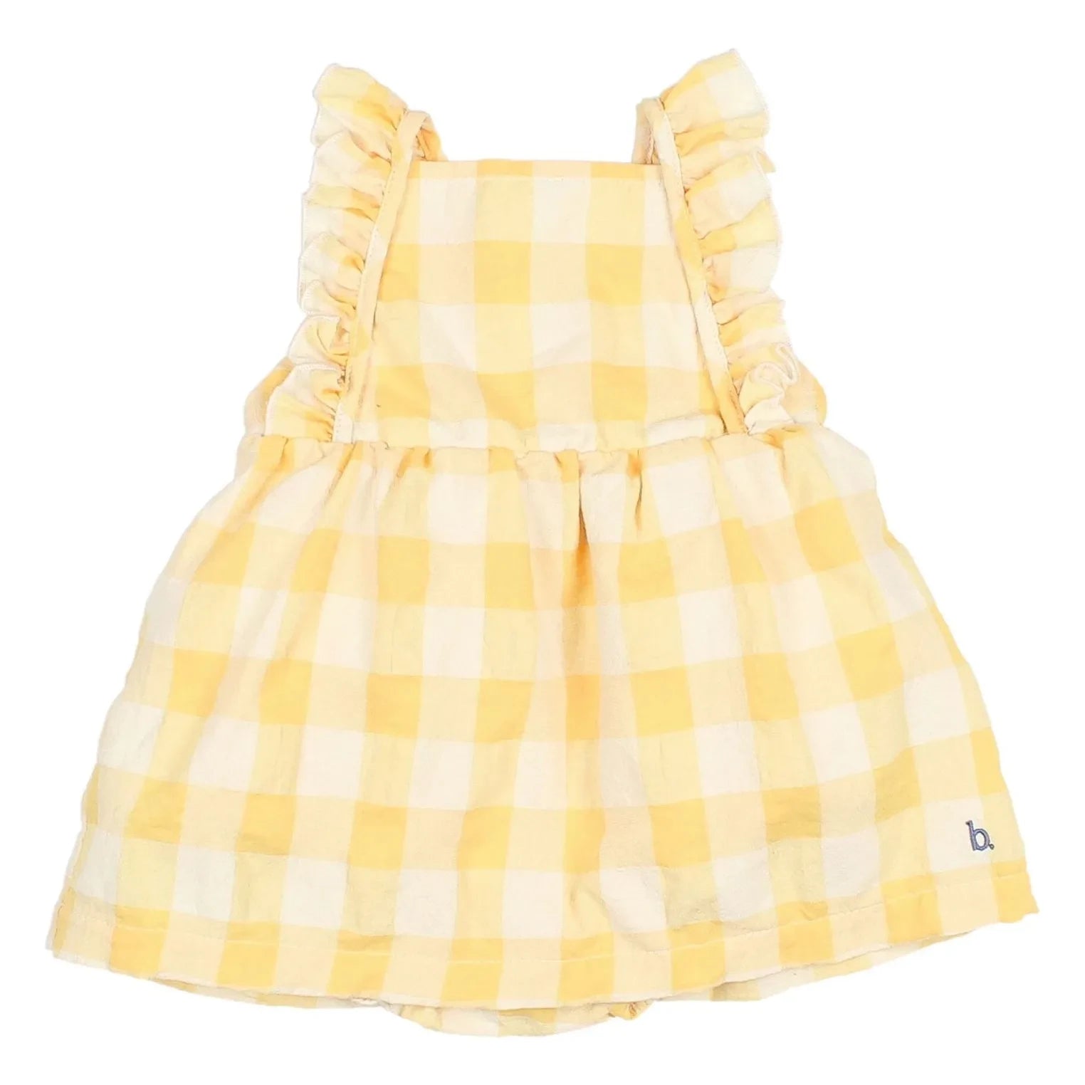 Búho - Vestido sin mangas de algodón orgánico seersucker con volantes de cuadros vichy | Amarillo
