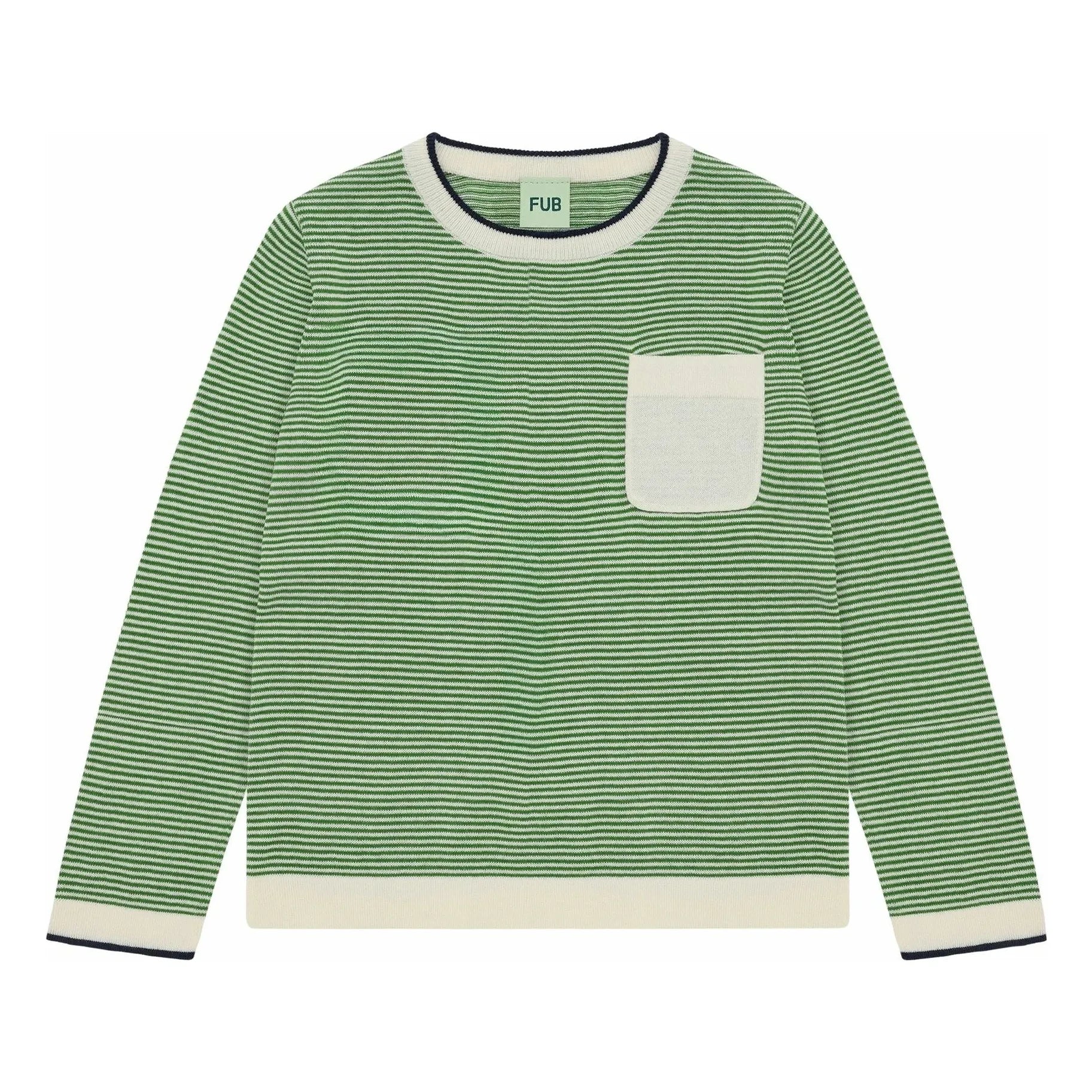 FUB - Camiseta de cuello redondo a rayas de punto fino de algodón orgánico | Verde