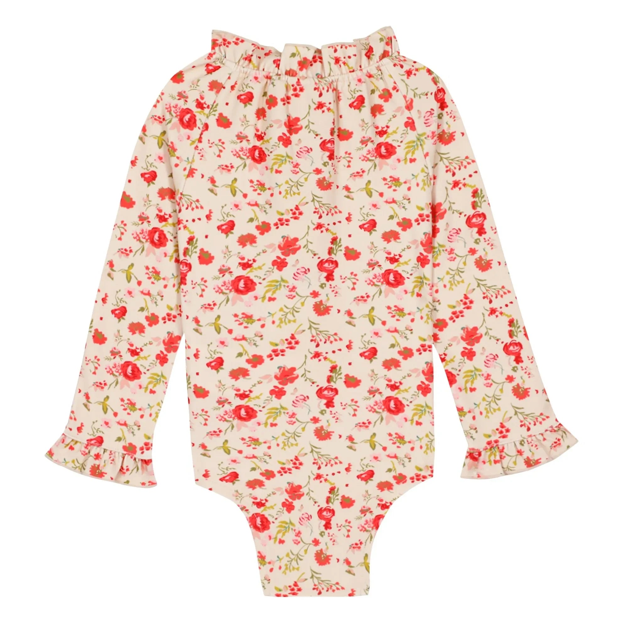 Bonton - Bañador de manga larga con cuello de volantes florales | Rojo