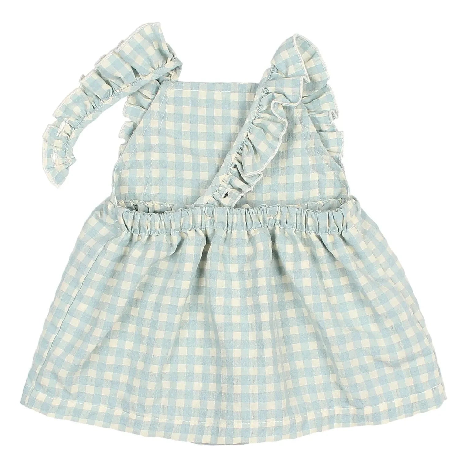 Búho - Vestido enterito de algodón orgánico seersucker con volantes a cuadros | Aqua