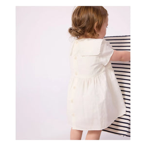 Petit Bateau - Conjunto de vestido con cuello marinero y braguita tipo bloomer en lino y algodón orgánico | Blanco