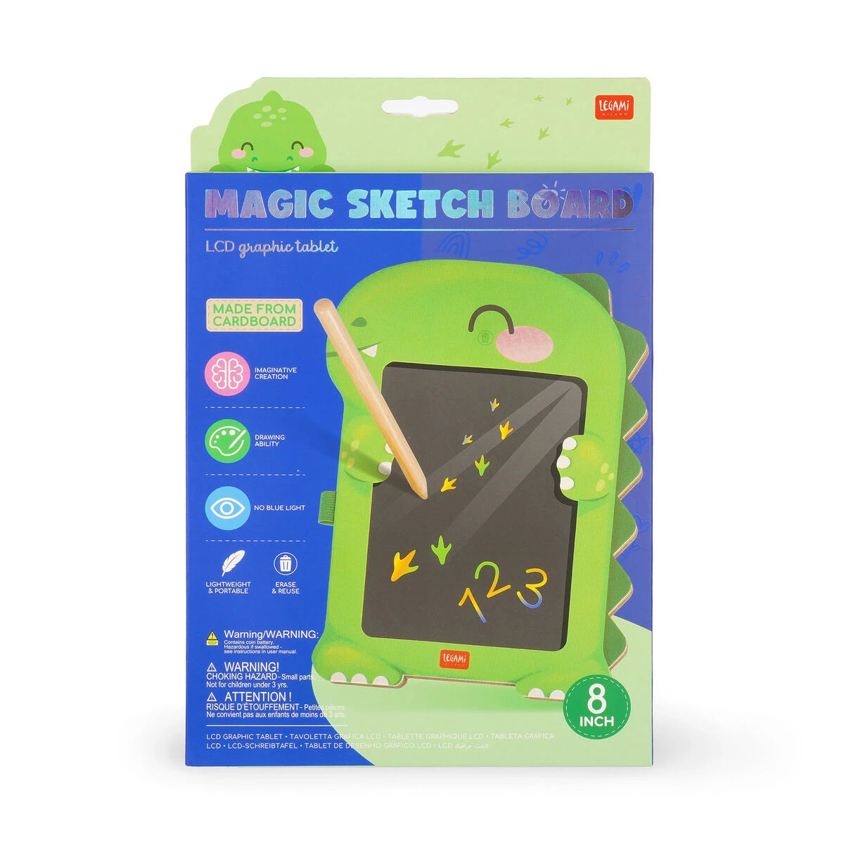 Legami - Tabla de Dinosaurio Portátil LCD en Cartón - Pizarra Mágica de Bocetos