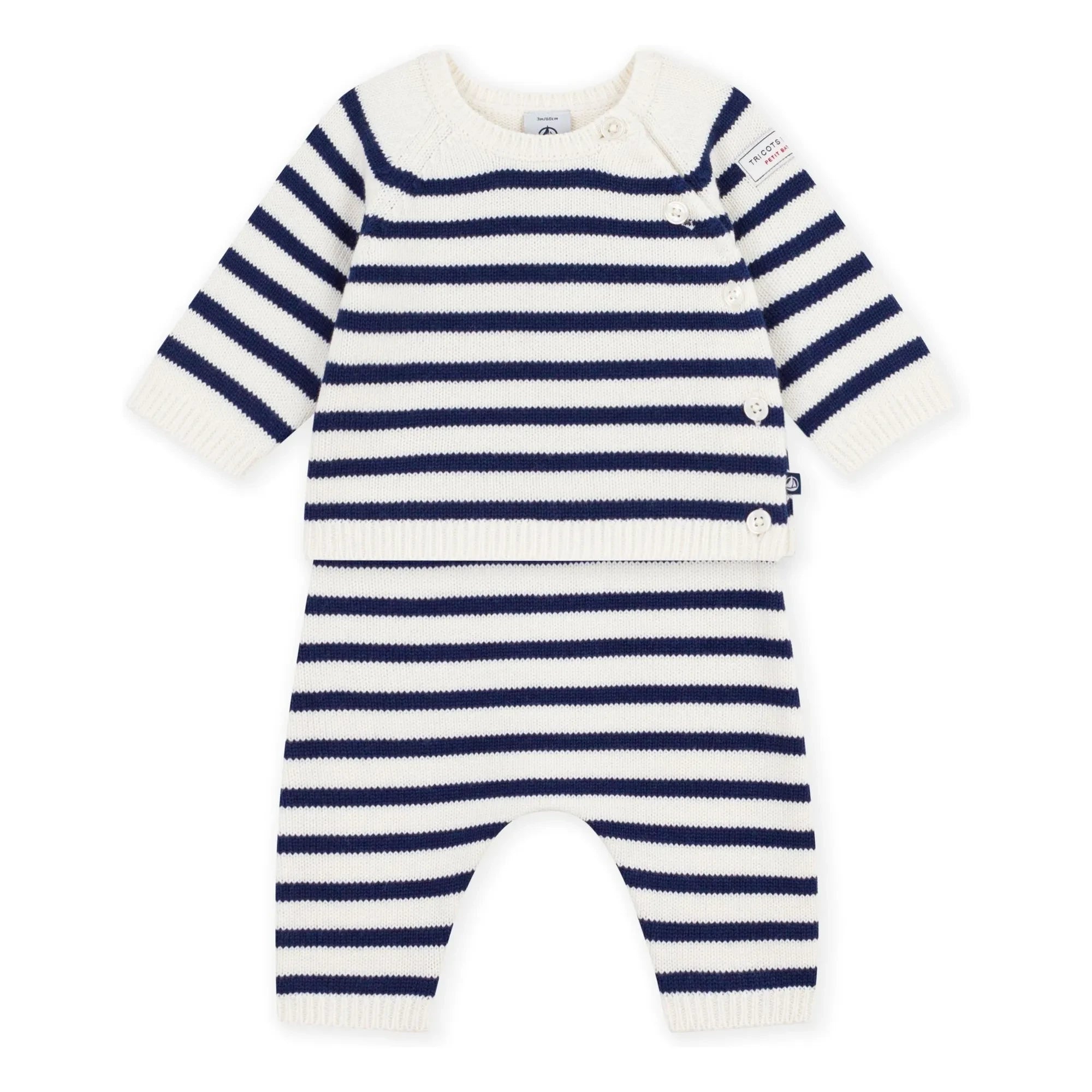 Petit Bateau - Yün Çizgili Hırka ve Pantolon Takımı | Beyaz