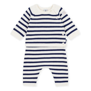 Petit Bateau - Yün Çizgili Hırka ve Pantolon Takımı | Beyaz
