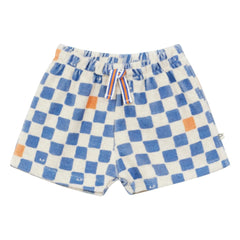 Arsène et Les Pipelettes - Pantalón corto de felpa de algodón orgánico Damier | Azul celeste