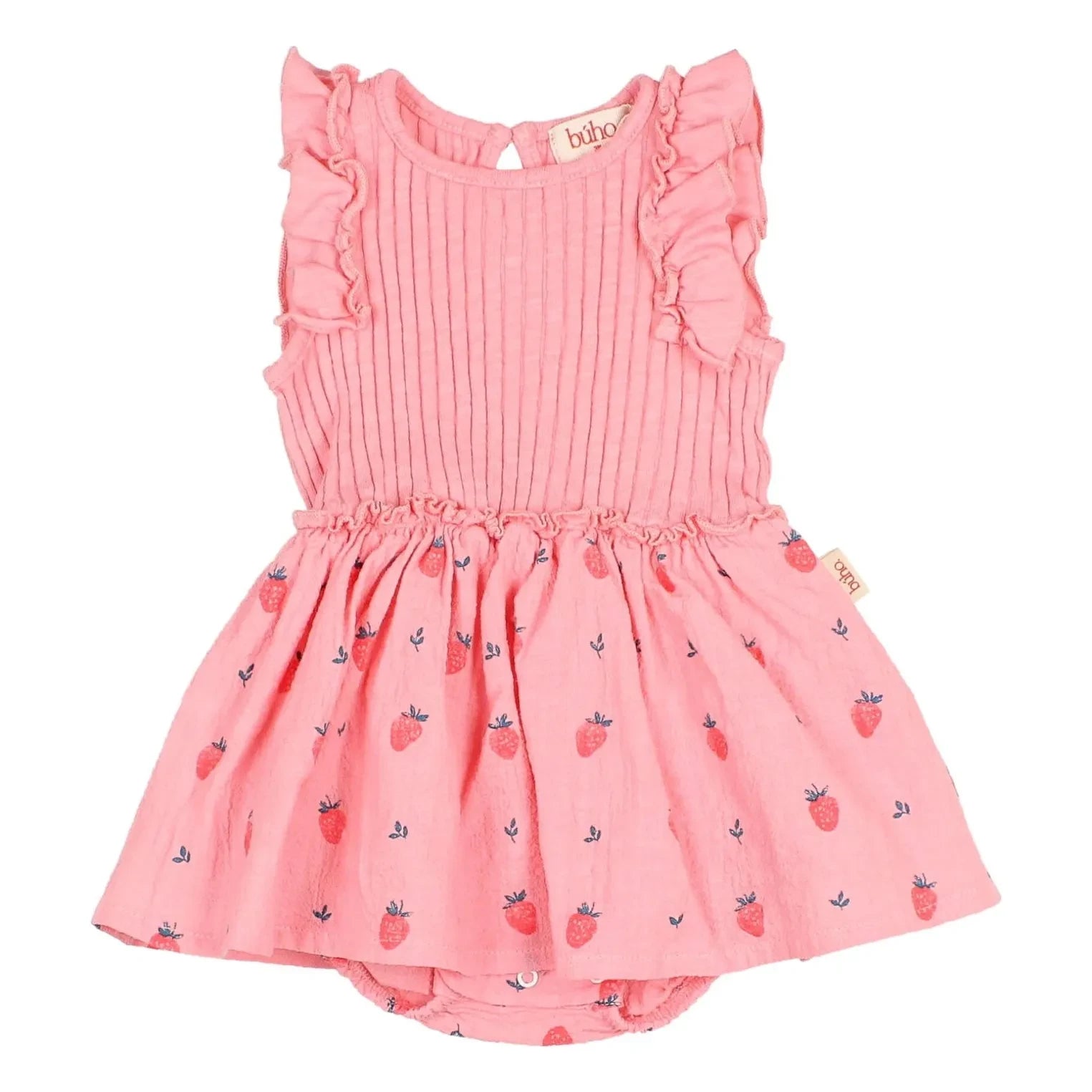 Búho - Body de canalé de algodón orgánico con estampado de fresas | Rosa suave