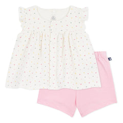 Petit Bateau - Conjunto de camiseta y pantalón corto de algodón orgánico con corazones | Blanco