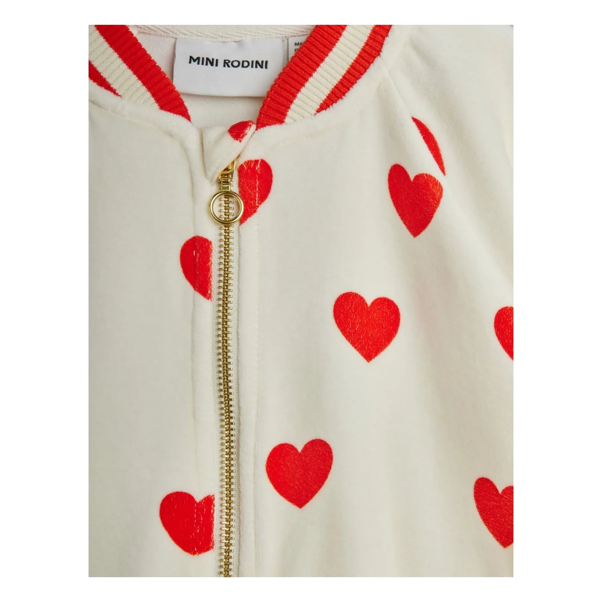 Mini Rodini - Chaleco con cremallera de terciopelo de algodón orgánico con estampado de corazones | Blanco