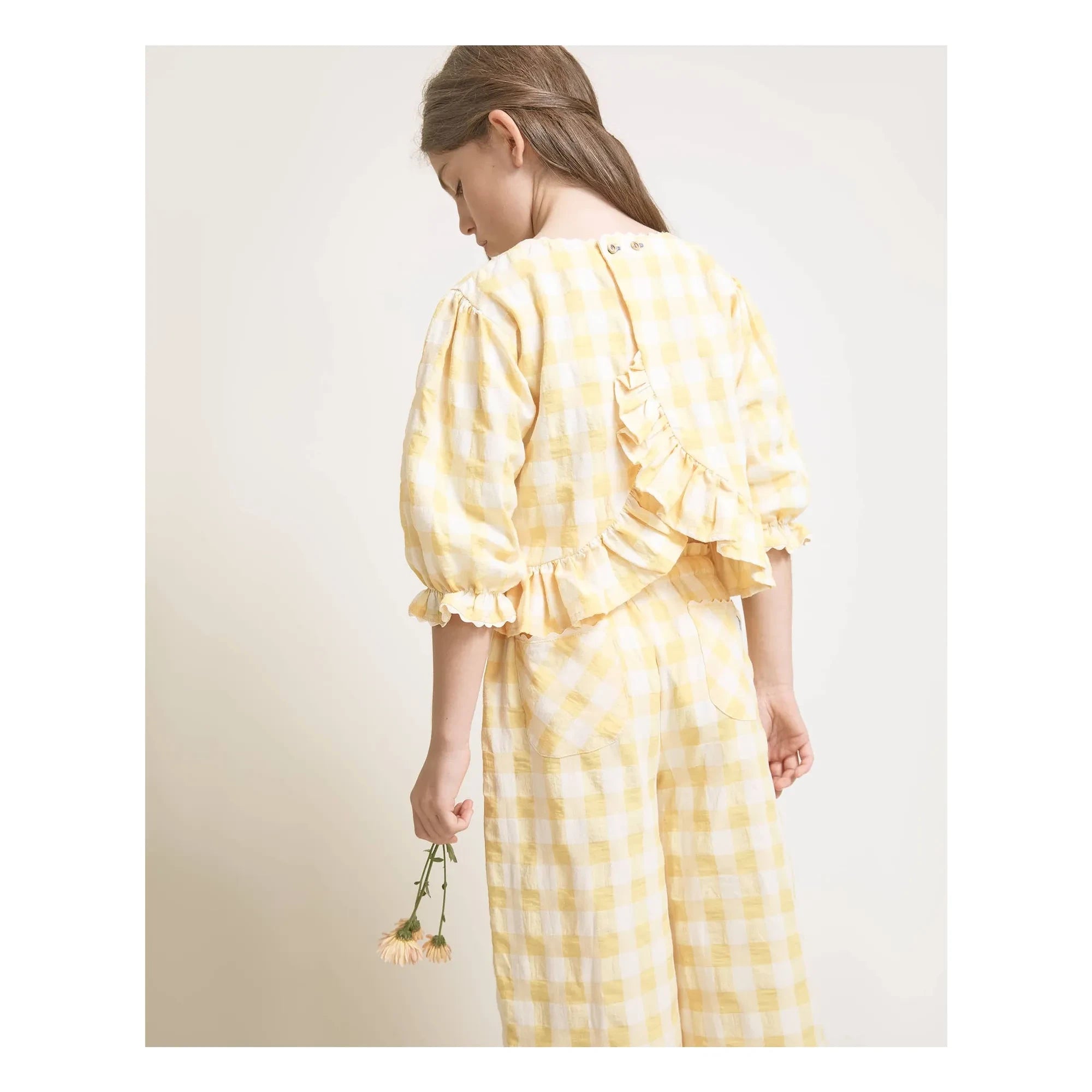 Búho - Blusa de seersucker de cuadros vichy de 3/4 | Amarillo