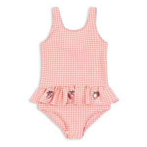 Konges Sløjd - Bañador con volantes de fresa con diseño Etta Gingham | Rosa
