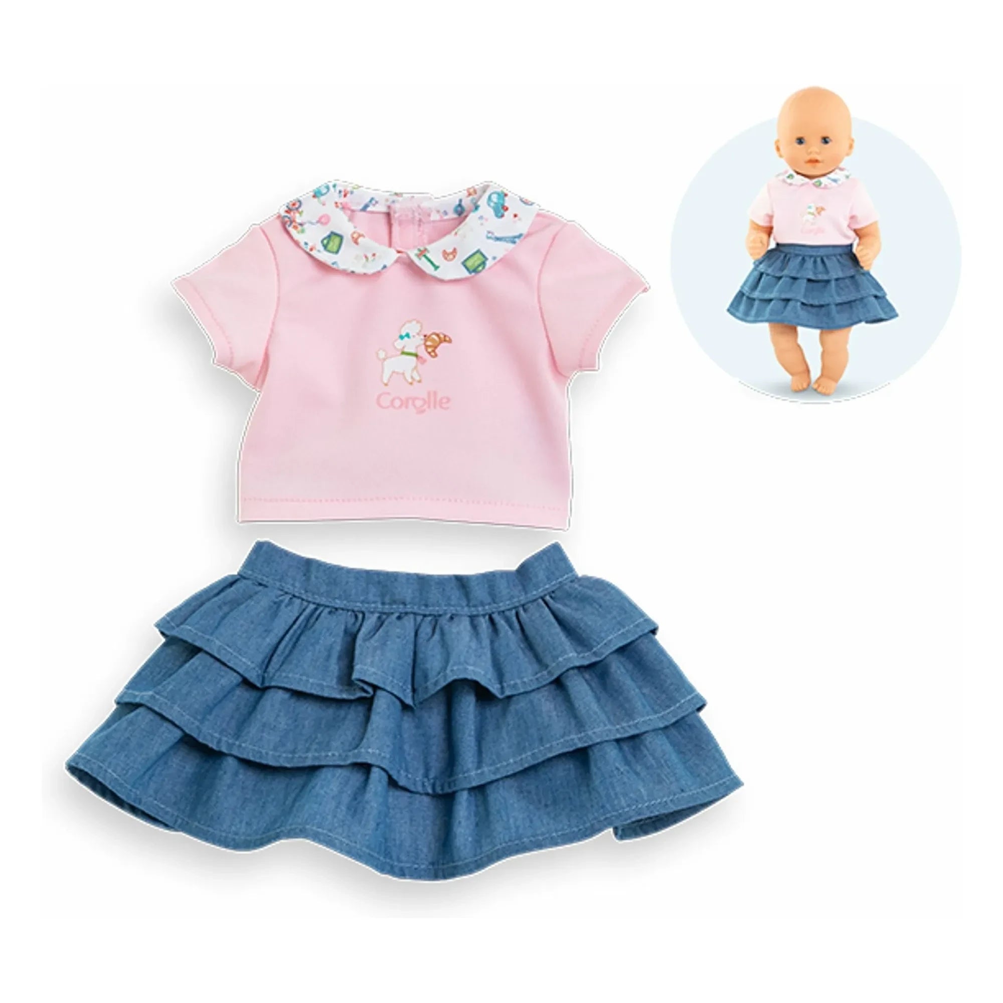 Corolle - Camiseta y falda "Un fin de semana en París" para muñeca de 30 cm | Rosa empolvado