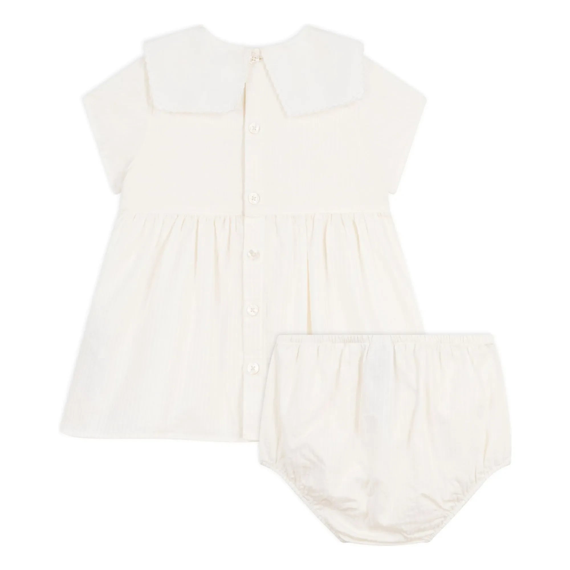 Petit Bateau - Conjunto de vestido con cuello marinero y braguita tipo bloomer en lino y algodón orgánico | Blanco