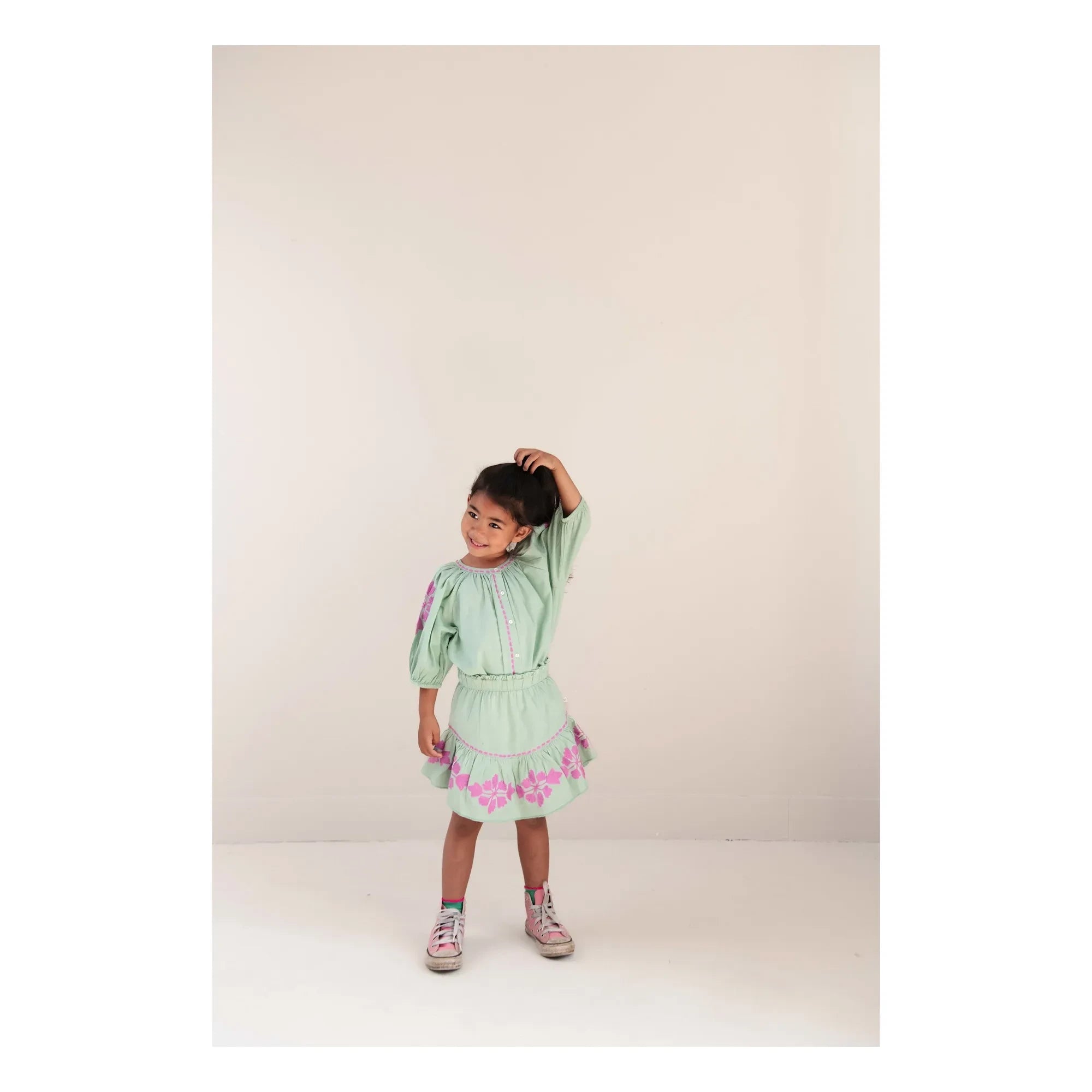 Jenest - Cécile Falda bordada de lino | Verde almendra
