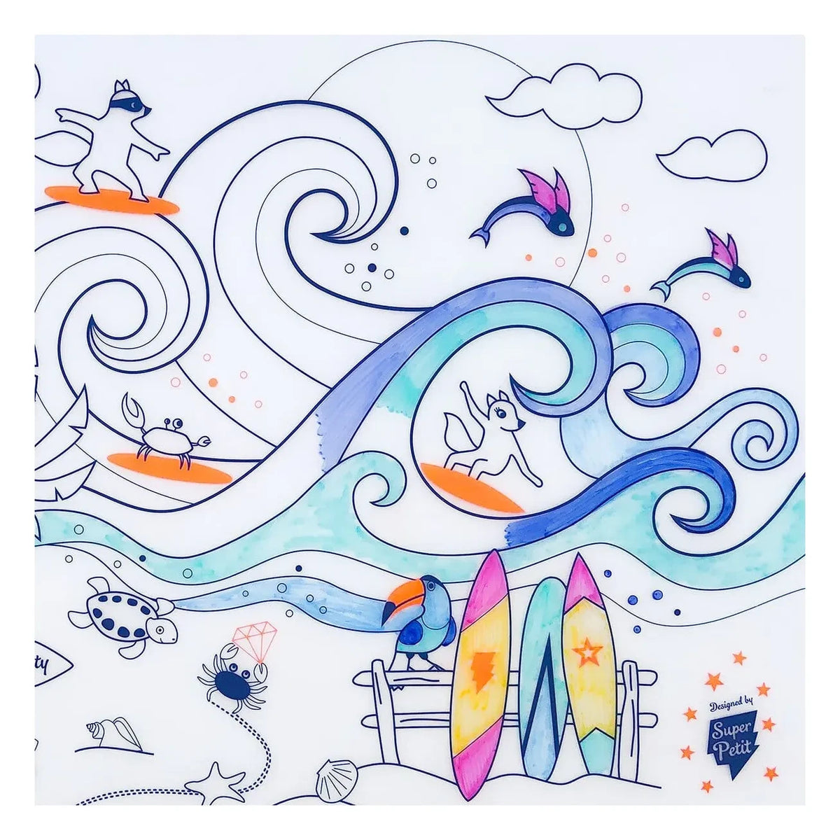 Superpetit - Manteles individuales para colorear con 5 rotuladores y pulsera "Orange Surf Party"