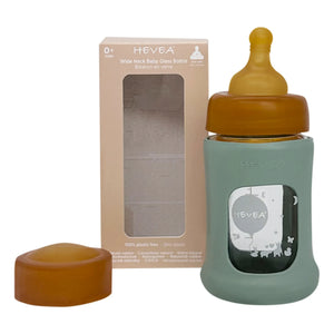 Hevea - Biberón de Cristal con Boca Ancha de Flujo Lento y Funda Protectora | Verde Almendra