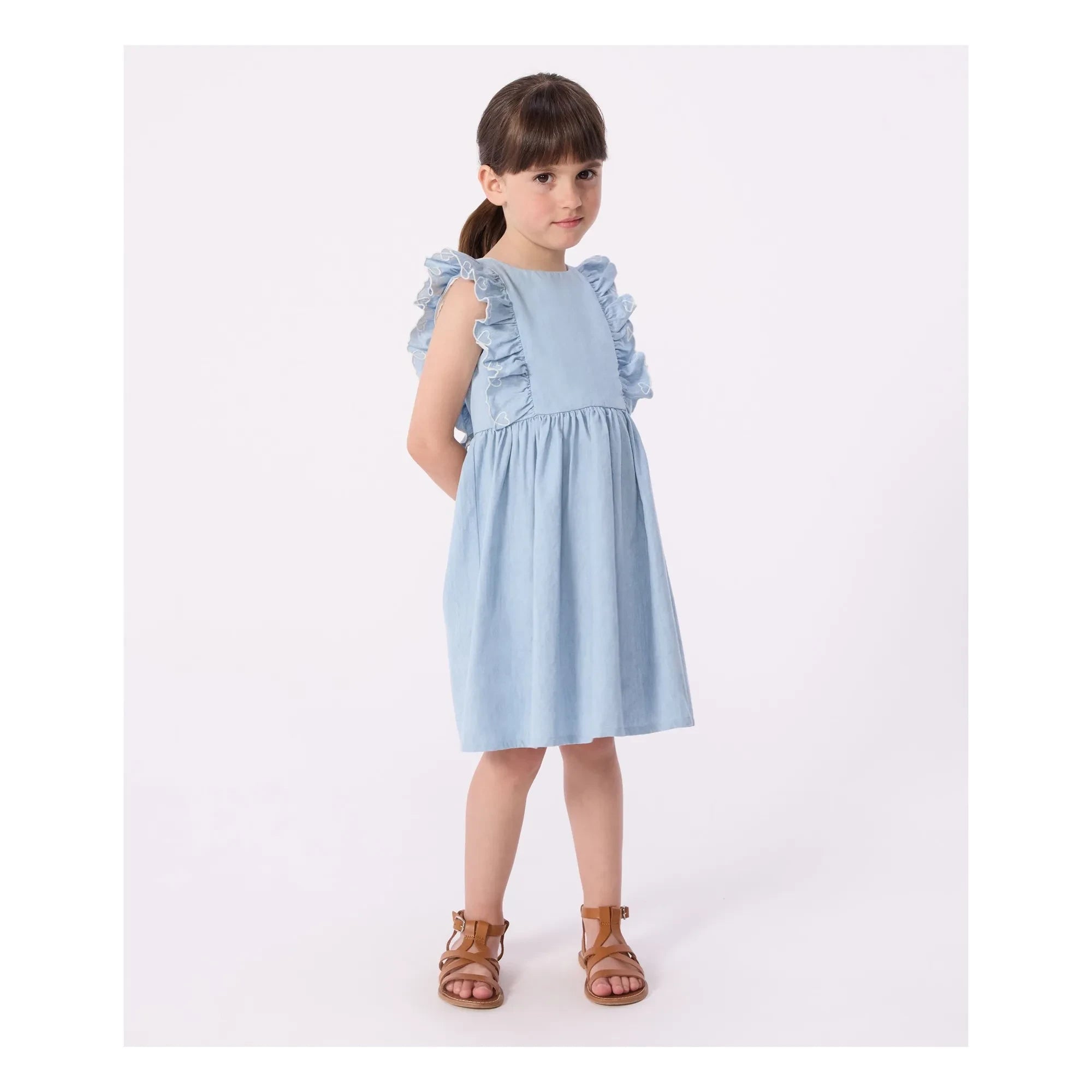 Petit Bateau - Vestido con volantes de chambray azul