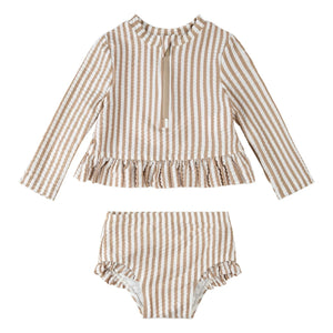 Petit Lem - Conjunto de camiseta y braguita seersucker de rayas con protección UV, fibras recicladas | Beige