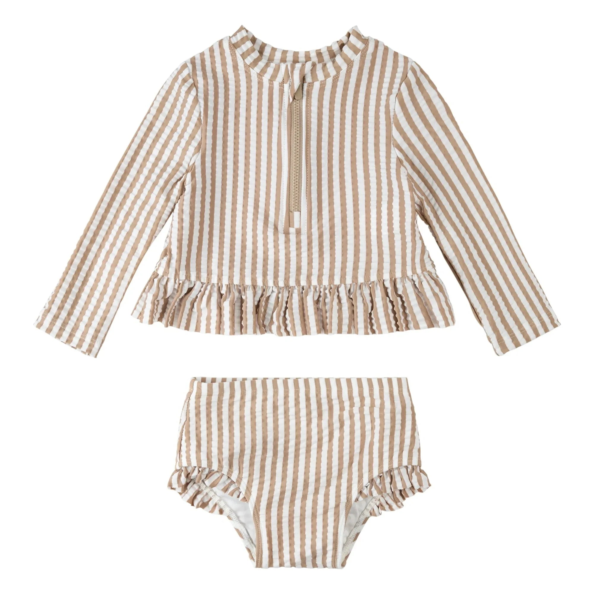 Petit Lem - Conjunto de camiseta y braguita seersucker de rayas con protección UV, fibras recicladas | Beige