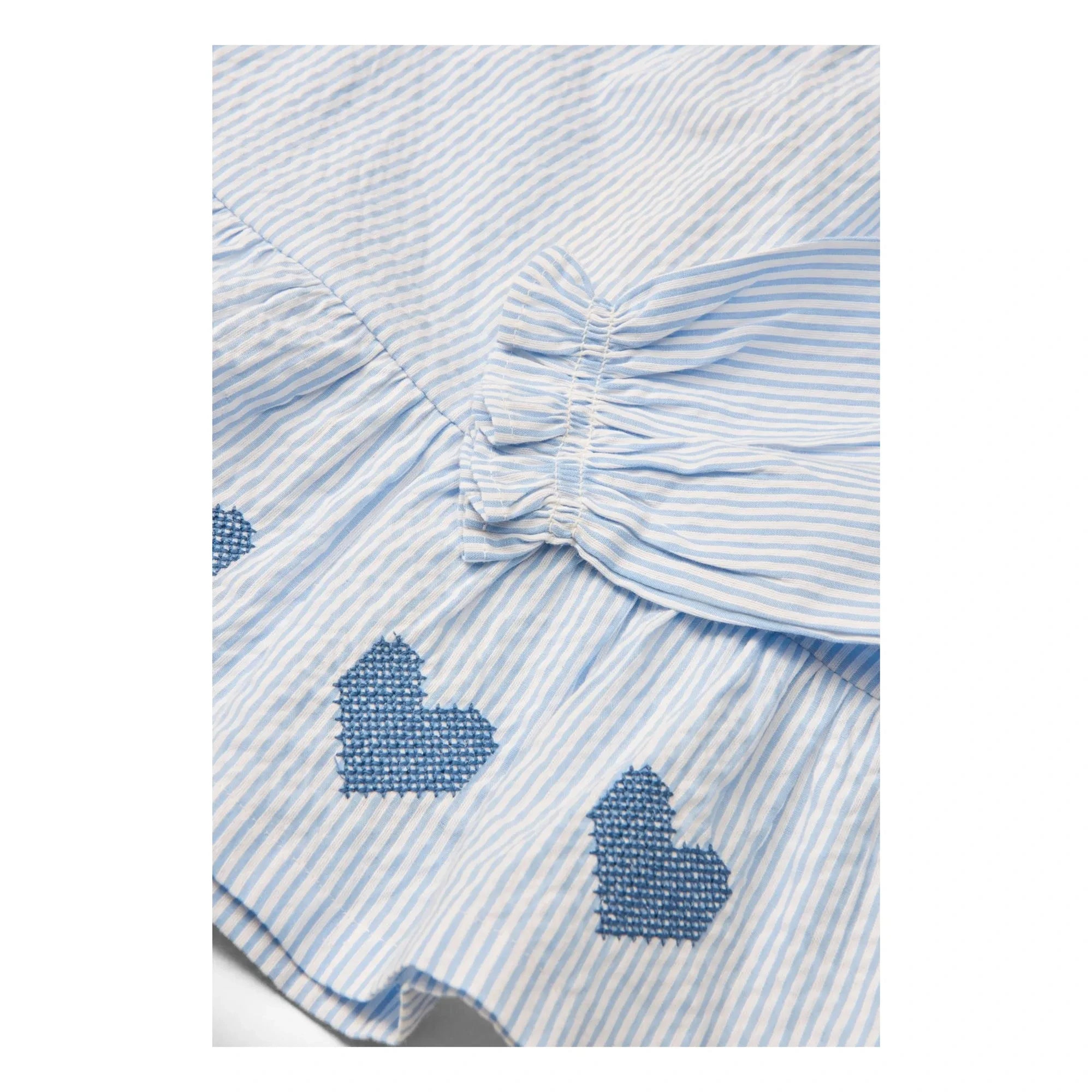 Copenhagen Colors - Blusa de algodón orgánico seersucker a rayas y bordada | Azul claro