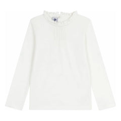 Petit Bateau - Camiseta lisa de algodón orgánico, cuello con volantes | Blanco