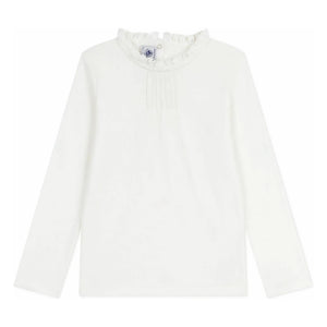 Petit Bateau - Camiseta lisa de algodón orgánico, cuello con volantes | Blanco