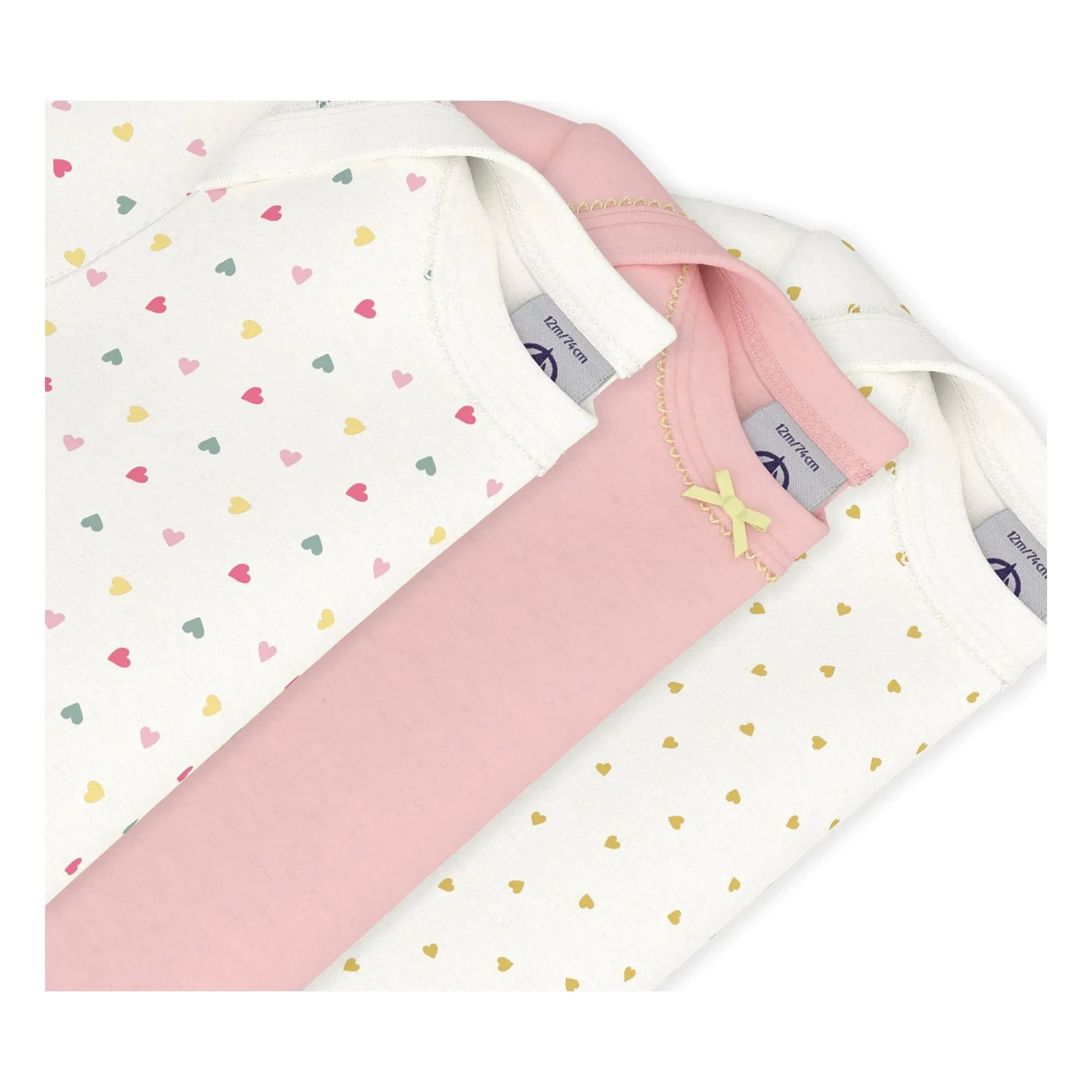 Petit Bateau - Conjunto de 3 bodys de algodón orgánico Mini Heart | Blanco