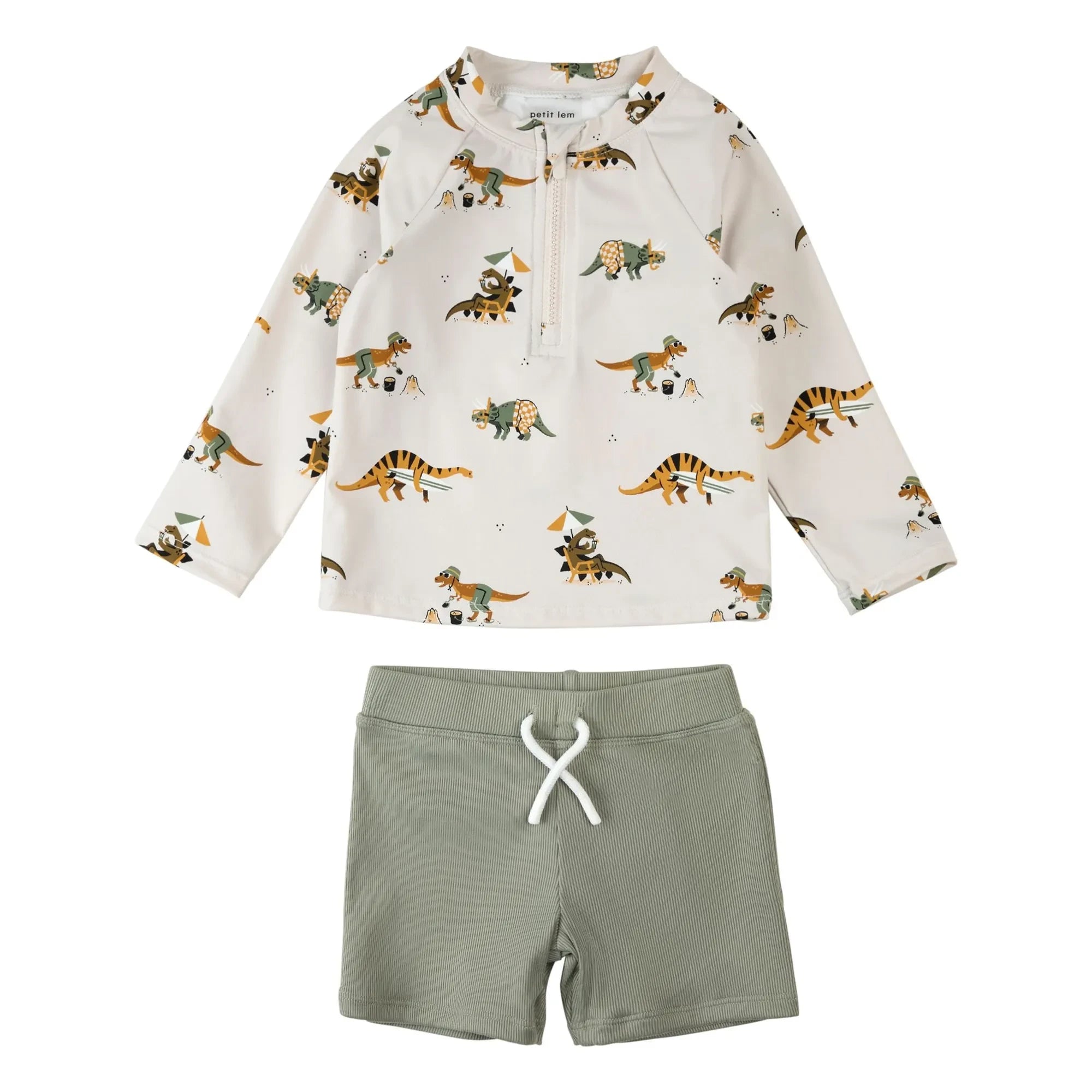 Petit Lem - Conjunto de camiseta y pantalón corto con protección UV de fibra reciclada con dinosaurios | Caqui