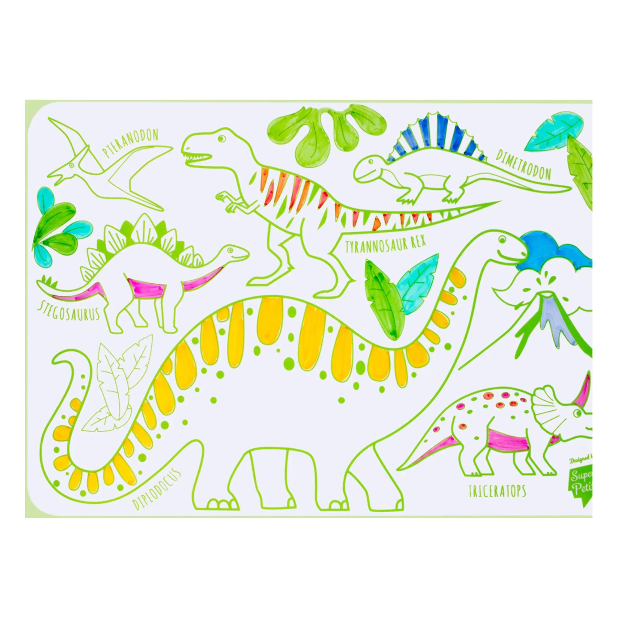 Superpetit - Set individual mini reversible con 4 rotuladores - Dinosaurio