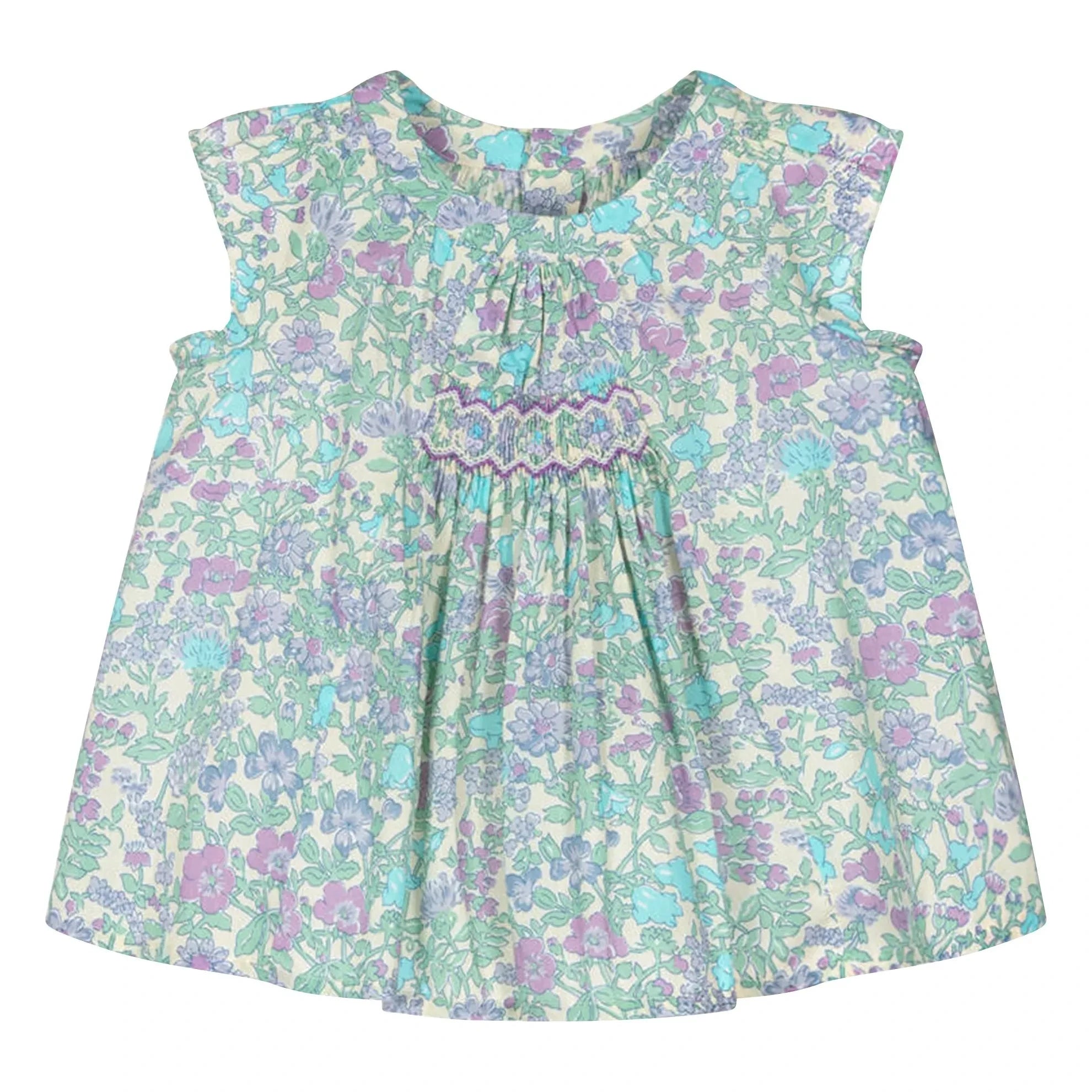 Bonpoint - Vestido fruncido de algodón orgánico con estampado Liberty | Verde agua