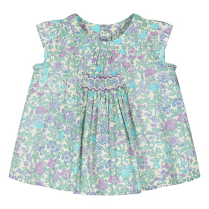 Bonpoint - Vestido fruncido de algodón orgánico con estampado Liberty | Verde agua