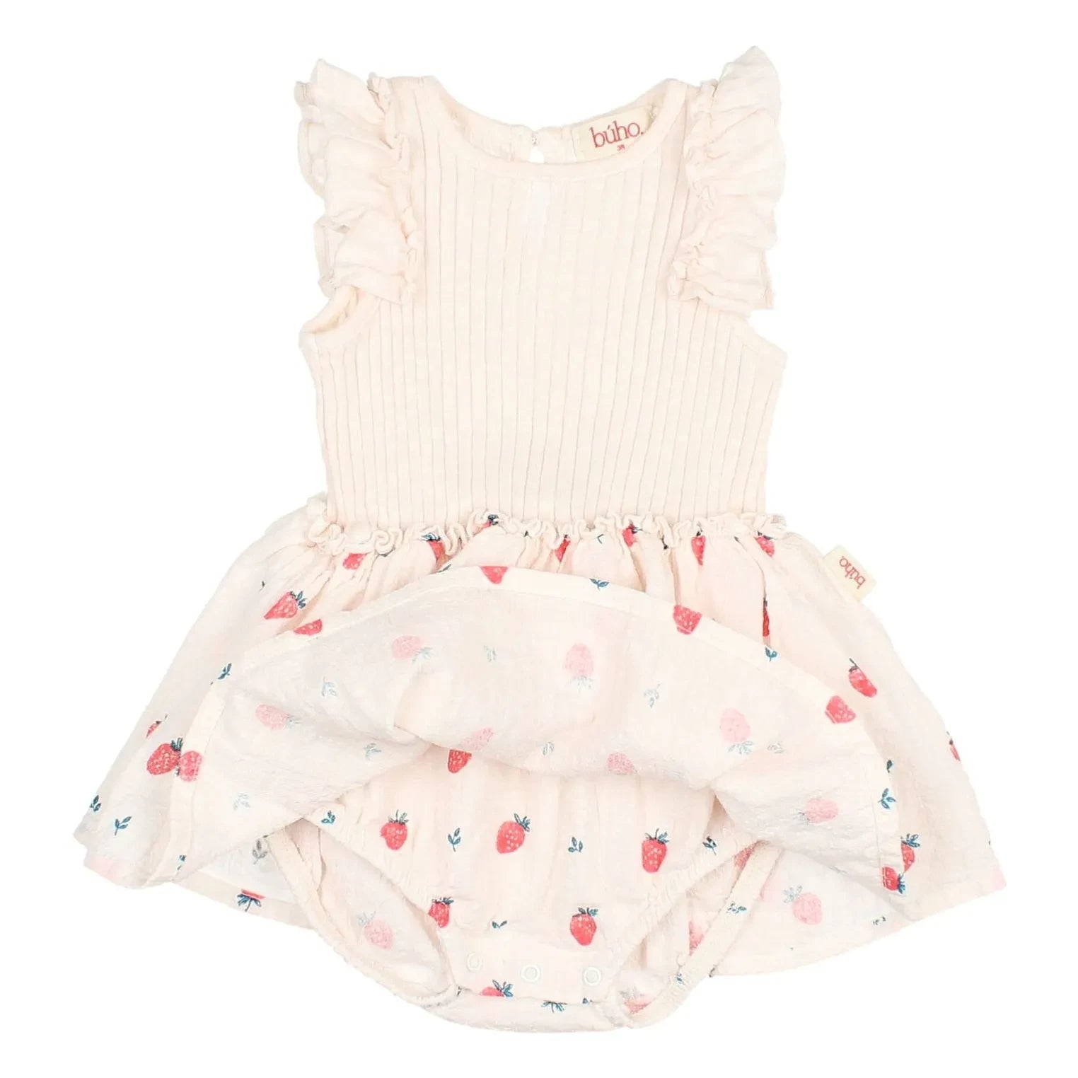 Búho - Vestido Fruncido de Manga Corta Fresas Algodón Orgánico | Lychee Pink