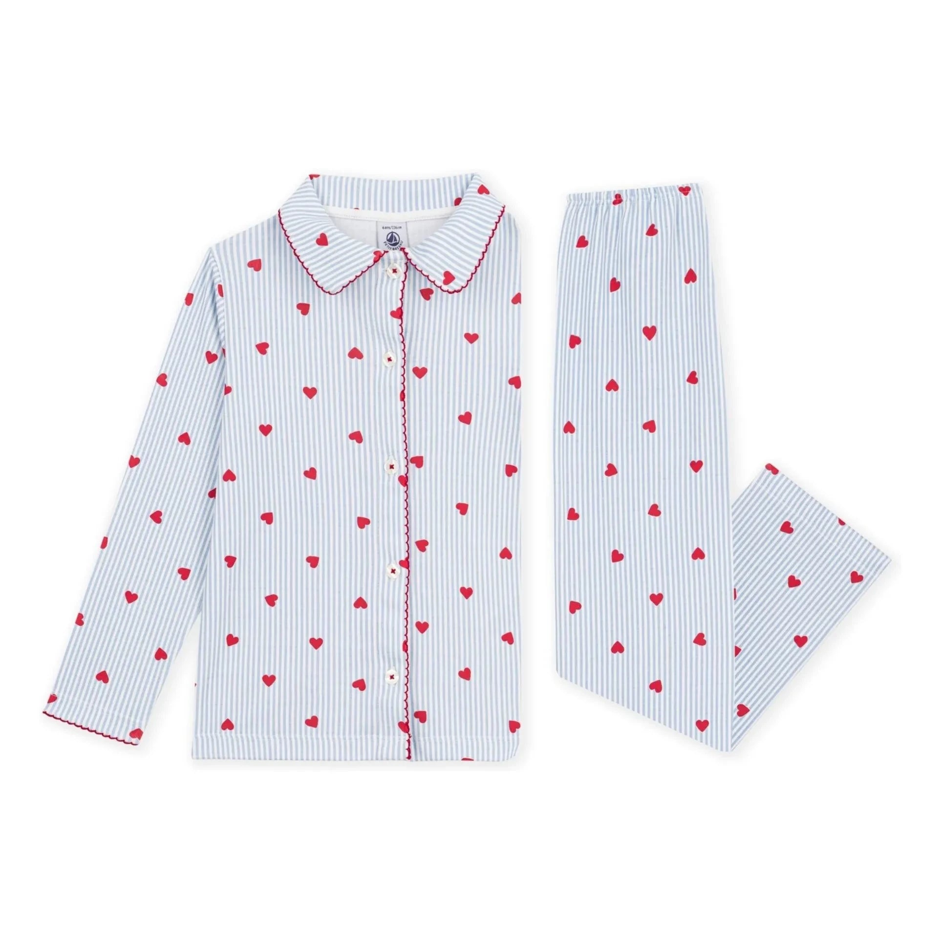 Petit Bateau - Çizgili Kalpli Pijama Gömleği Organik Pamuk | Mavi