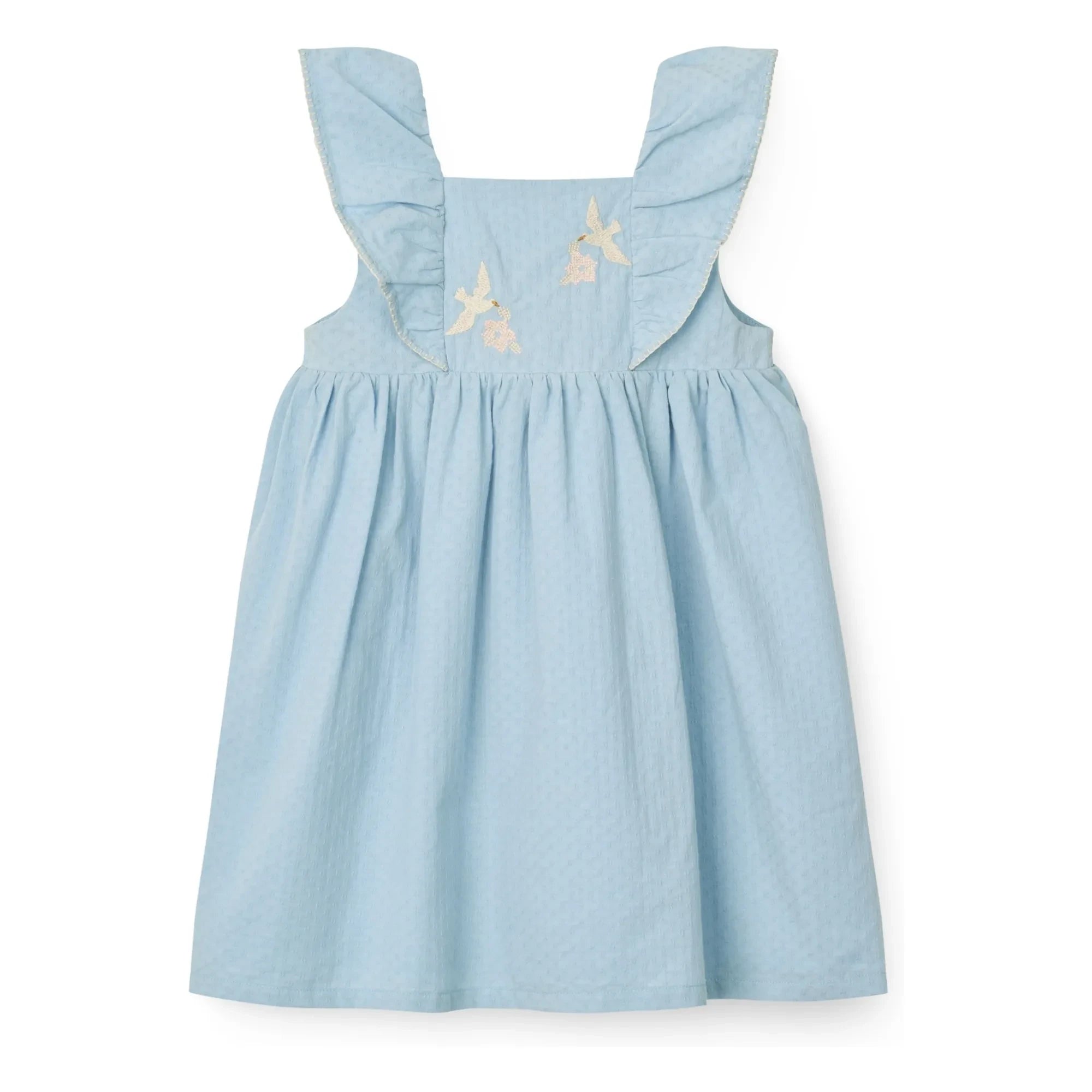 Copenhagen Colors - Vestido de algodón orgánico con bordado floral y estampado de pájaros | Azul claro