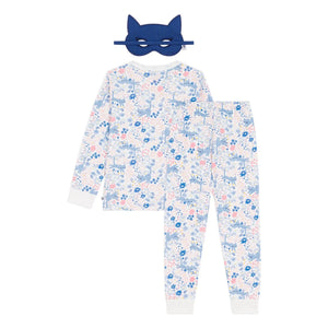 Petit Bateau - Conjunto de pijama de algodón orgánico con estampado floral y máscara de gato | Blanco